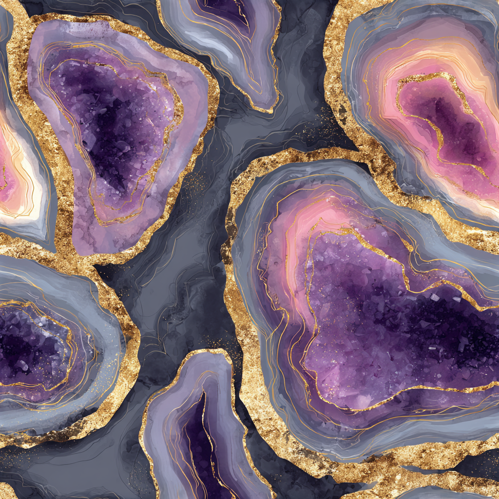 Violet geode wallpaper with gold veining and crystal textures.