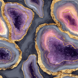 Violet geode wallpaper with gold veining and crystal textures.