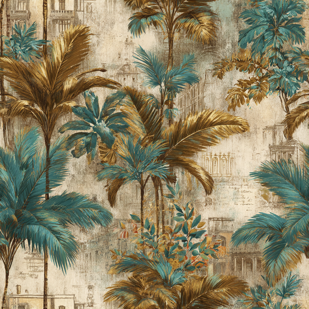 Sun‑faded tropical palm wallpaper with vintage fresco texture