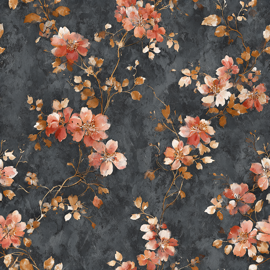 Floral rusted bloom wallpaper from Seabrook, with trailing vines and leaf pattern.
