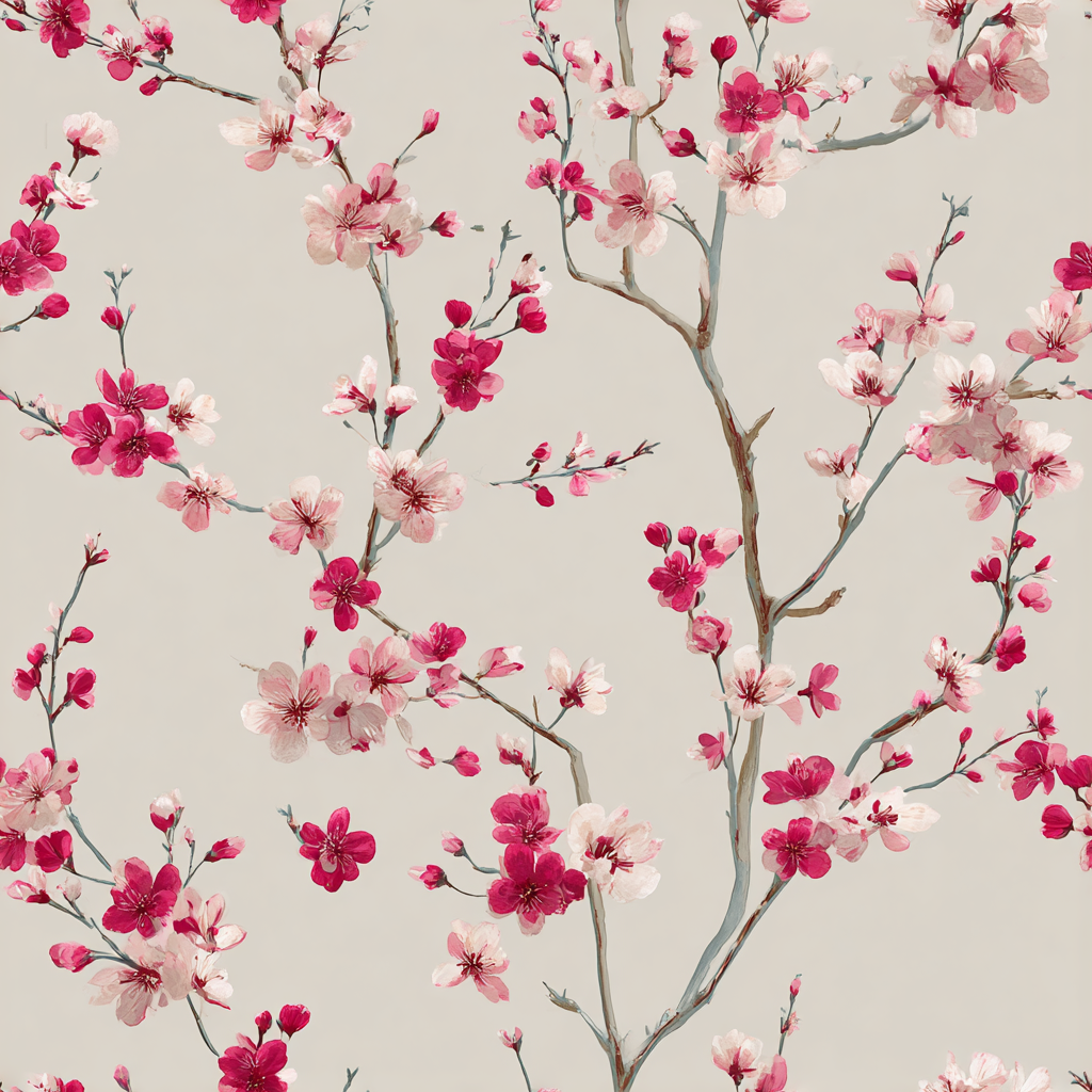 Floral blossom wallpaper in pink hues with flowering cherry blossom branches.