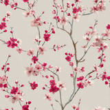 Floral blossom wallpaper in pink hues with flowering cherry blossom branches.