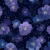 Floral pattern wallpaper with starbursts by Wallshoppe, featuring purple and blue flowers on a dark night sky backdrop.