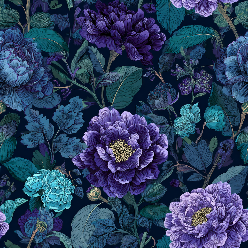 Floral nightbloom peony wallpaper with a dark blue background and violet, purple, and teal flower pattern.

