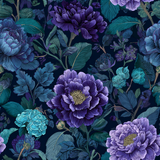 Floral nightbloom peony wallpaper with a dark blue background and violet, purple, and teal flower pattern.
