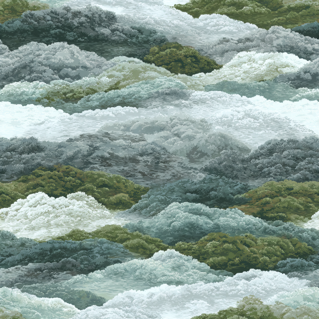 Blue and green wallpaper with a misty landscape pattern.