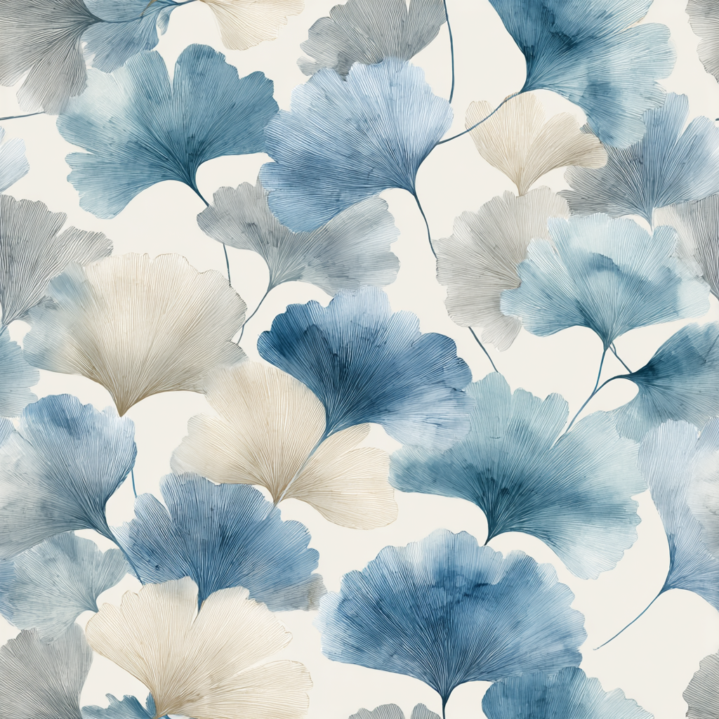 Botanical print wallpaper with blue, gray, and beige ginkgo leaf pattern.