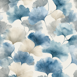 Botanical print wallpaper with blue, gray, and beige ginkgo leaf pattern.