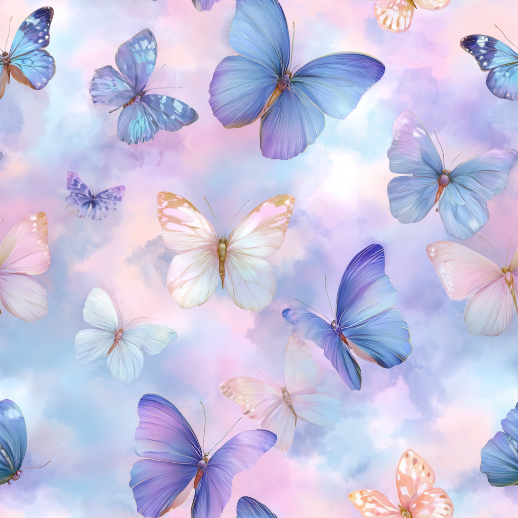 Pastel butterfly wallpaper with cotton‑candy clouds