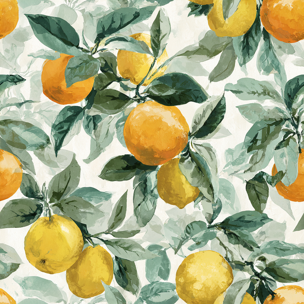 Watercolor wallpaper with lemon and orange fruit pattern.