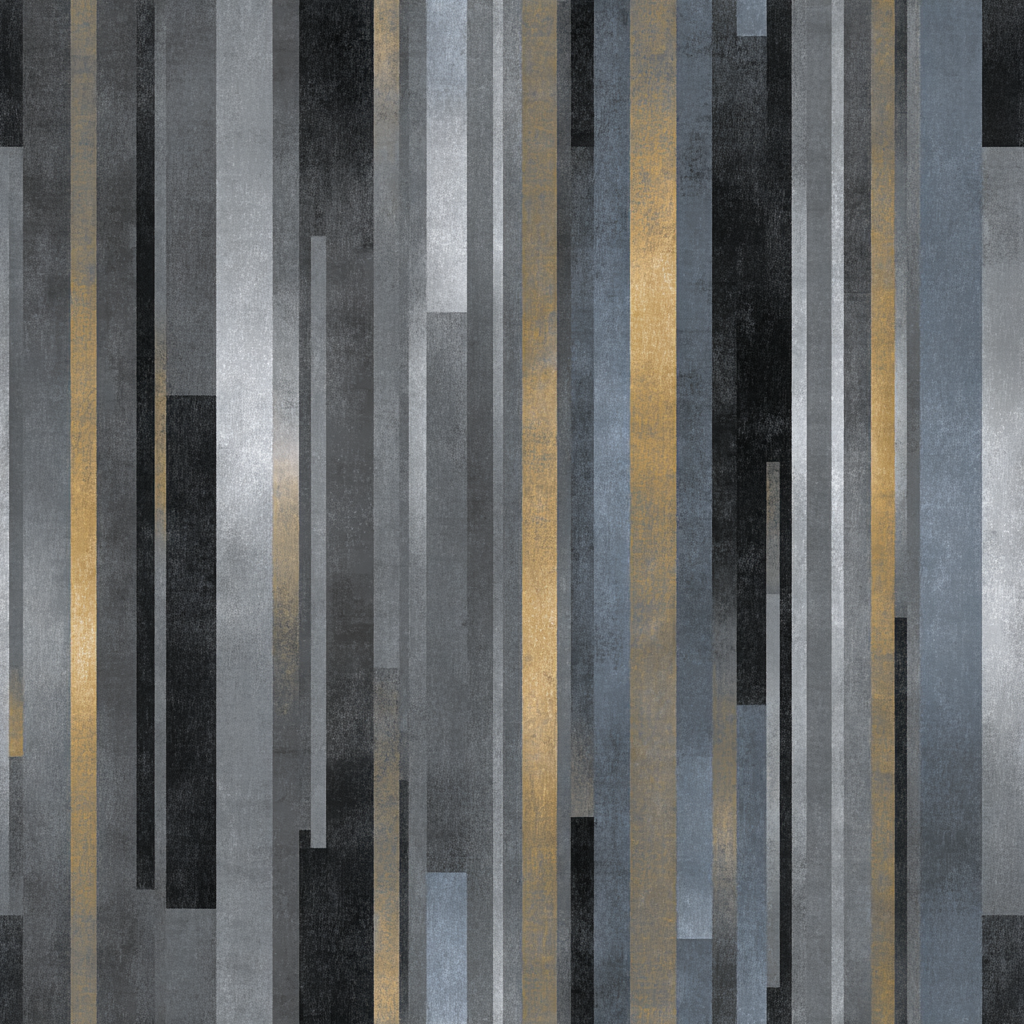 Graphite stripe wallpaper with gold accents and geometric pattern.