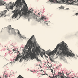 Hanami Mist wallpaper with mountains and flowering cherry trees pattern.

