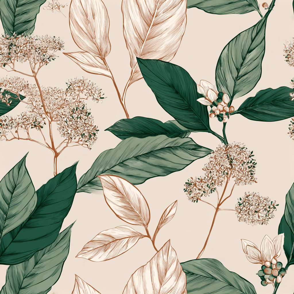Botanical wallpaper with floral and leaf pattern on a light beige background.