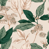 Botanical wallpaper with floral and leaf pattern on a light beige background.