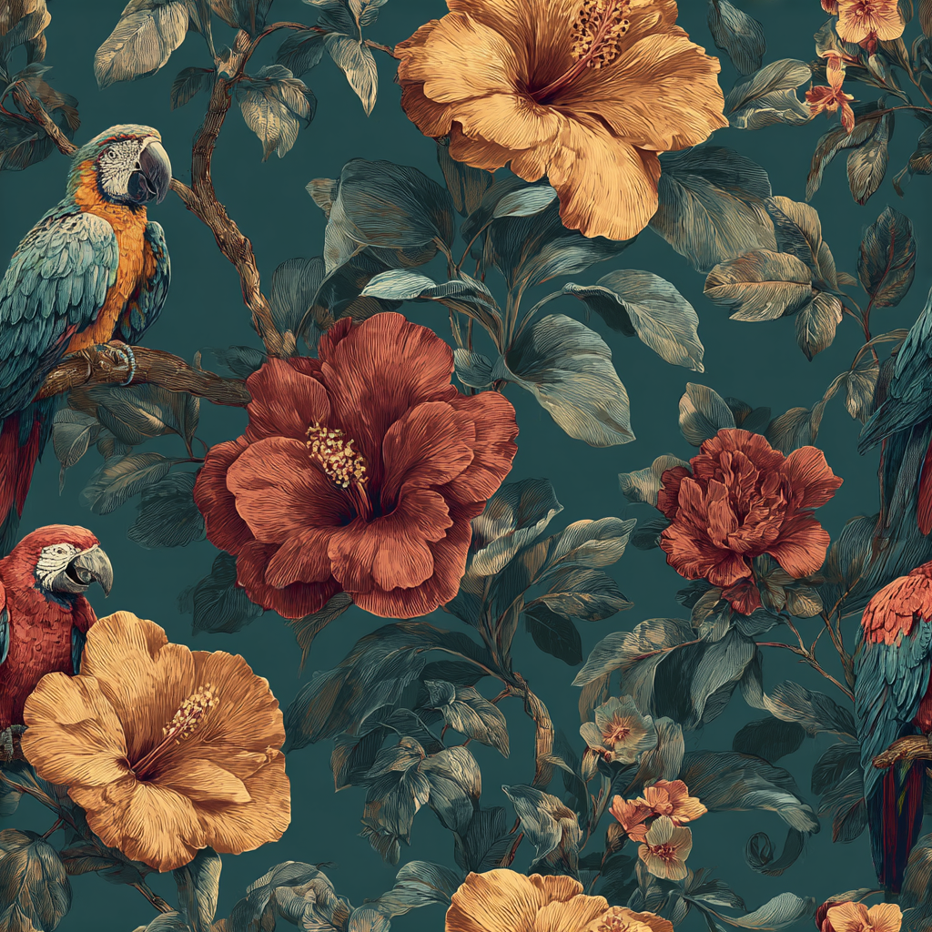 Jungle tapestry wallpaper with floral and parrot pattern on a teal background.