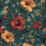 Jungle tapestry wallpaper with floral and parrot pattern on a teal background.