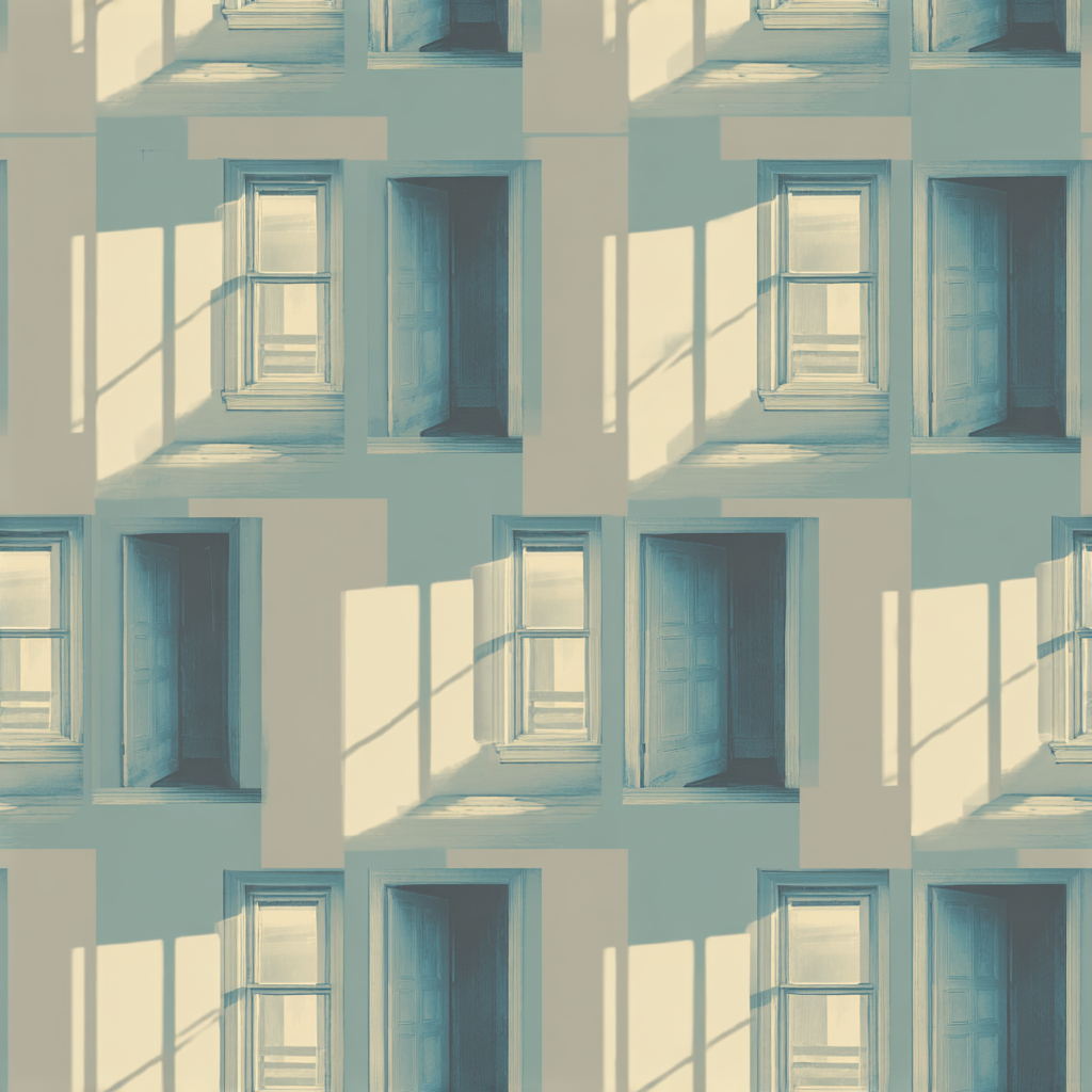 Urban Noon Wallpaper featuring a window and open door pattern, bathed in warm sunlight.