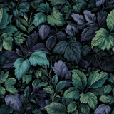 Botanical wallpaper with green and blue leaves on a black background.