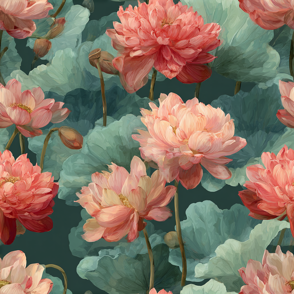Floral lotus reverence wallpaper with pattern by [Vendor name], featuring pink flowers and green leaves.
