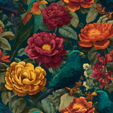 Floral and bird patterned wallpaper with maroon, orange, and yellow flowers.