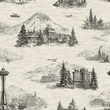 Cascadia Timberline Sketch Wallpaper with a vintage-inspired landscape pattern featuring mountains, trees, and architectural landmarks.
