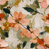 Floral oil sketch wallpaper with peach blossoms and green leaves, on a heavily textured neutral background.
