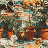 Casa Solana wallpaper with dogs and potted plants against an abstract tile background.