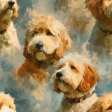 Gold dog pattern wallpaper with leafy collars, from Maple, in a painterly, repeat design.