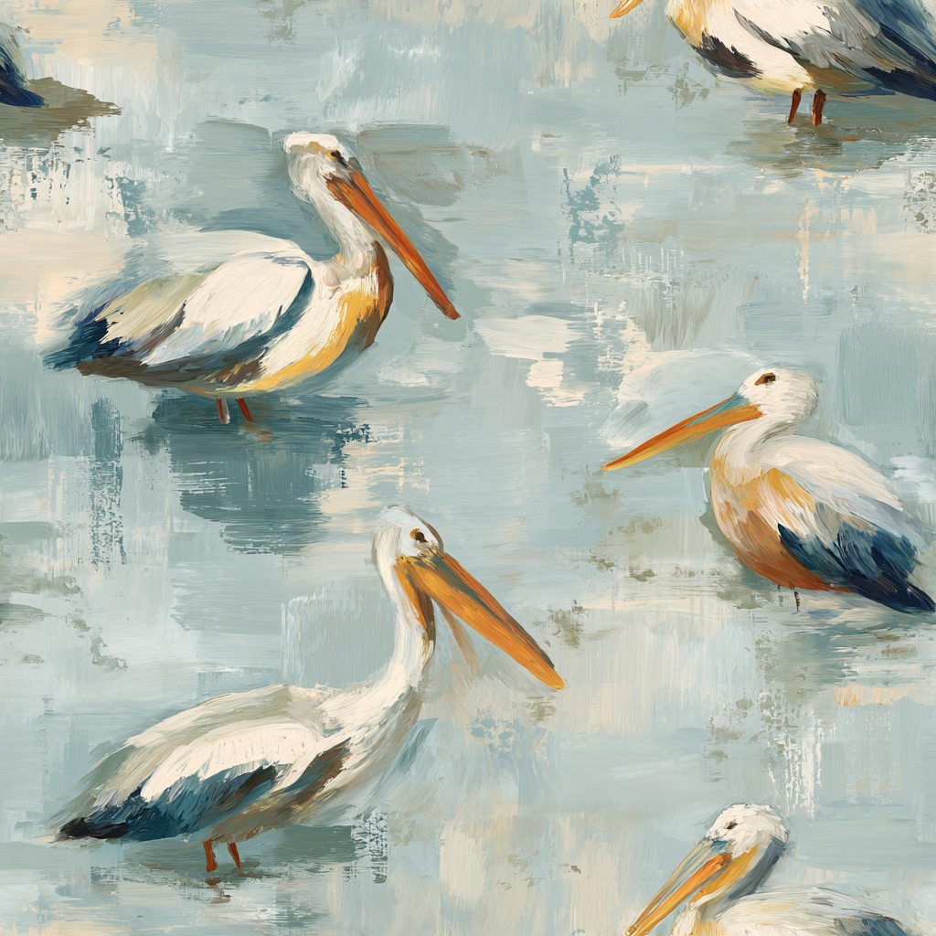 Coastal Caspian Drift wallpaper featuring pelican pattern in shades of blue and beige.