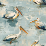 Coastal Caspian Drift wallpaper featuring pelican pattern in shades of blue and beige.