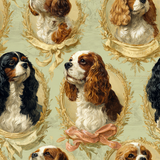 Regency spaniel wallpaper with dog portraits and decorative ribbon accents on a light green backdrop.
