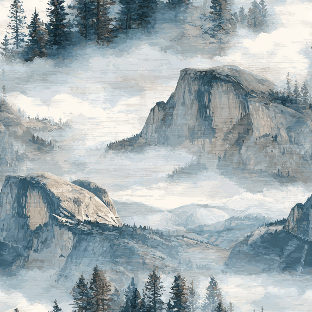 Mountain scene wallpaper with blue and grey tones, featuring a misty, painterly style.
