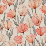 Floral field wallpaper with watercolor peach and pink tulip pattern on an off-white background.