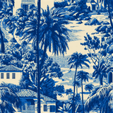 Blue and off-white wallpaper featuring a scenic tropical toile pattern.