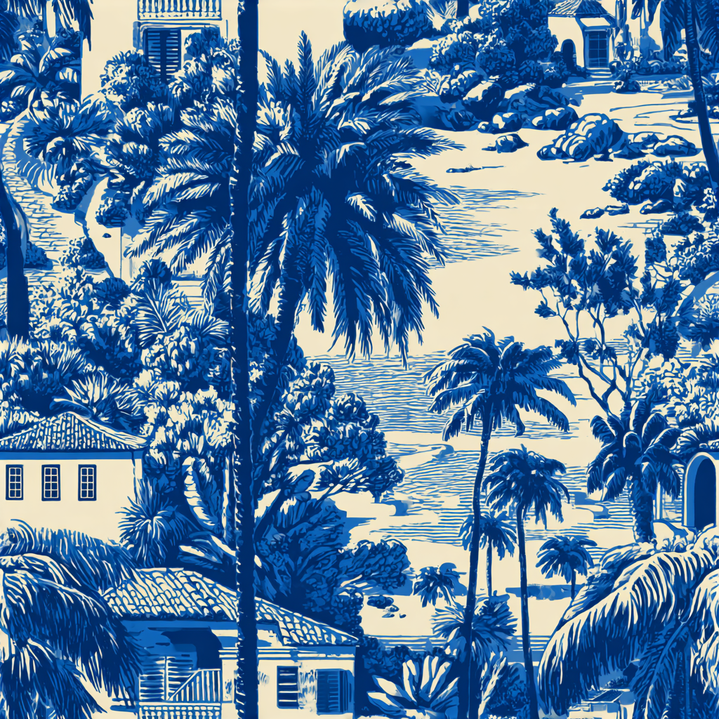Blue and off-white wallpaper featuring a scenic tropical toile pattern.