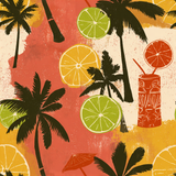Tropical Sol y Palmera Wallpaper featuring palm trees and citrus fruit, with red, yellow and green colors.
