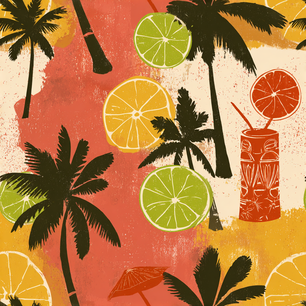 Tropical Sol y Palmera Wallpaper featuring palm trees and citrus fruit, with red, yellow and green colors.