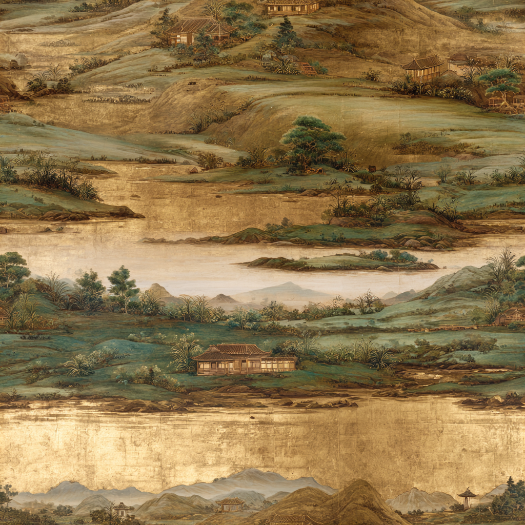 Landscape wallpaper with river scene by Han River Scroll, featuring golden water, green hills, and traditional houses.
