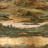 Landscape wallpaper with river scene by Han River Scroll, featuring golden water, green hills, and traditional houses.
