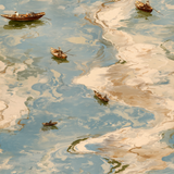 River marbling wallpaper with boats and figures.