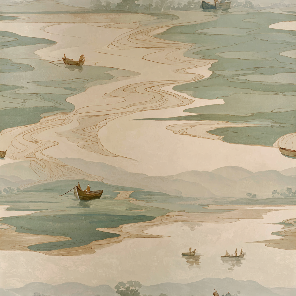Landscape wallpaper with boat pattern and blue and tan color palette.