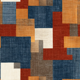 Geometric Claybourne Wallpaper with rectangular pattern in blue, orange, red, brown, and cream colors.
