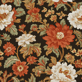 Floral Cabin Rose Wallpaper with orange and white flowers, leaves, and stems on a dark brown backdrop.
