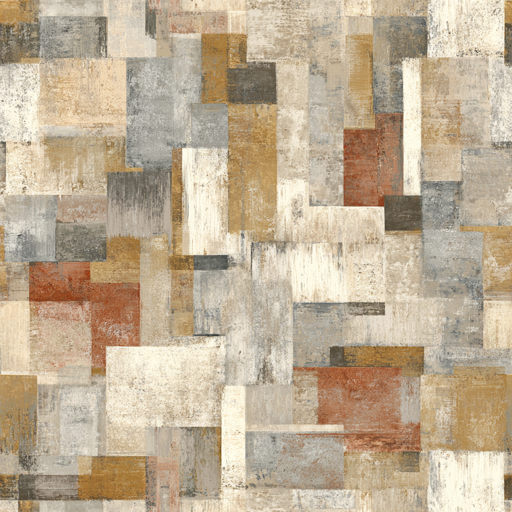 Abstract geometric wallpaper with a mosaic pattern of textured squares in shades of beige, brown, grey, and white.
