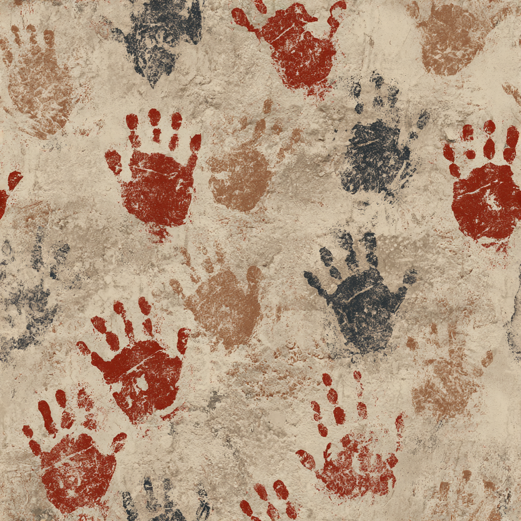 Blood of the Ancestors wallpaper with cave painting-inspired handprint pattern in red, brown and black on a textured beige backdrop.