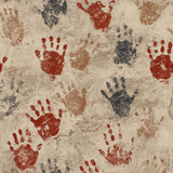 Blood of the Ancestors wallpaper with cave painting-inspired handprint pattern in red, brown and black on a textured beige backdrop.