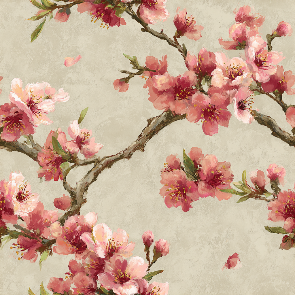 Pink floral wallpaper with branches from Brewster Wallcovering, displaying an oil painting style.
