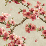 Pink floral wallpaper with branches from Brewster Wallcovering, displaying an oil painting style.
