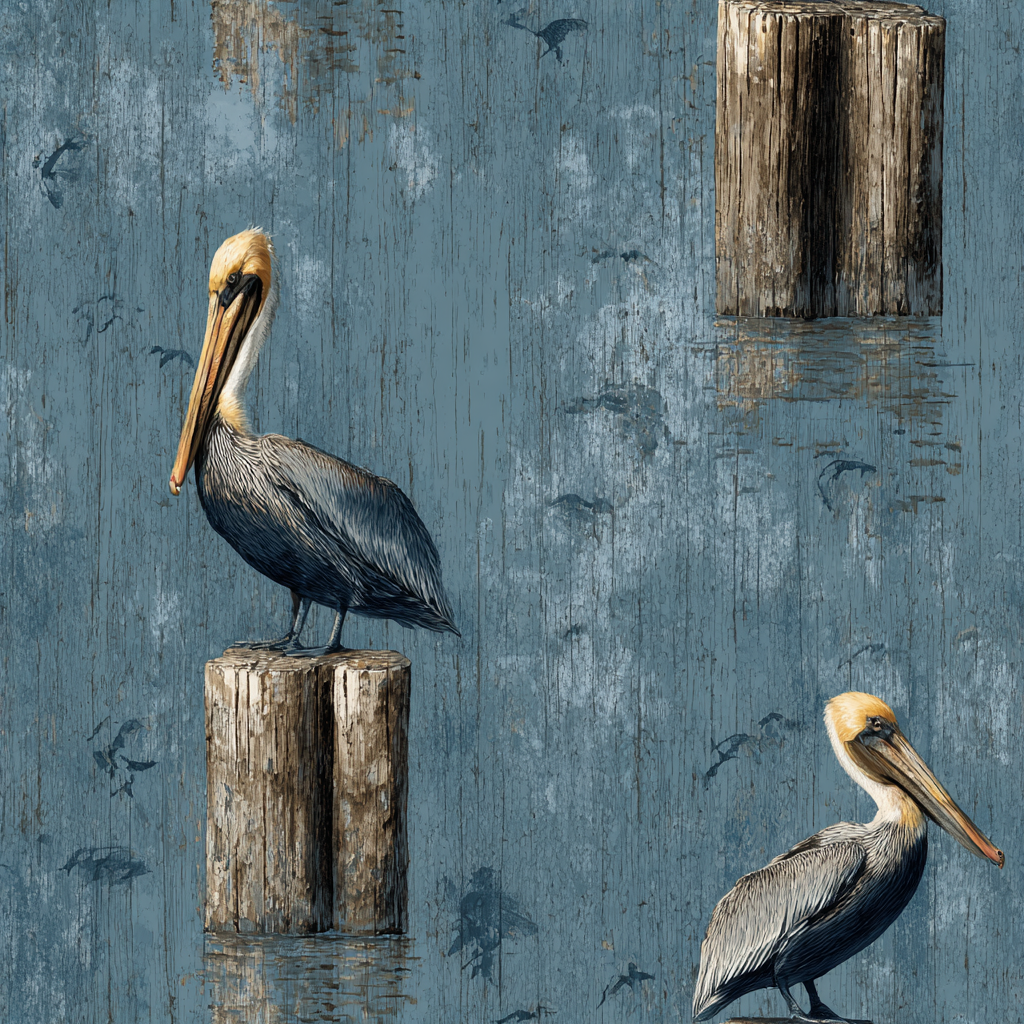 Wharf Rookery Wallpaper with pelican and wharf designs on a distressed blue wooden-style background.
