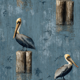 Wharf Rookery Wallpaper with pelican and wharf designs on a distressed blue wooden-style background.
